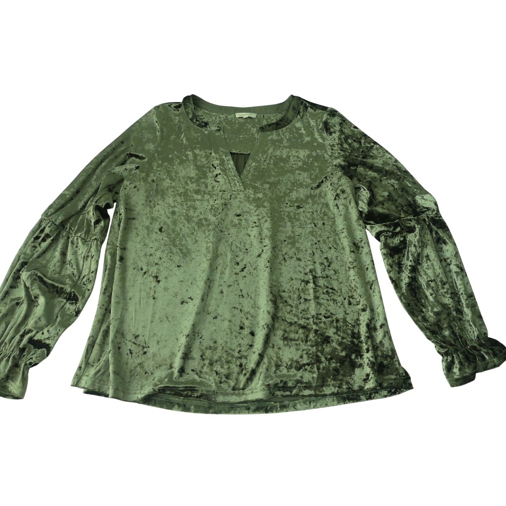 Mystree Olive Green Crushed Velvet Puff Sleeve V-Neck Top Sz L Renfair Festival